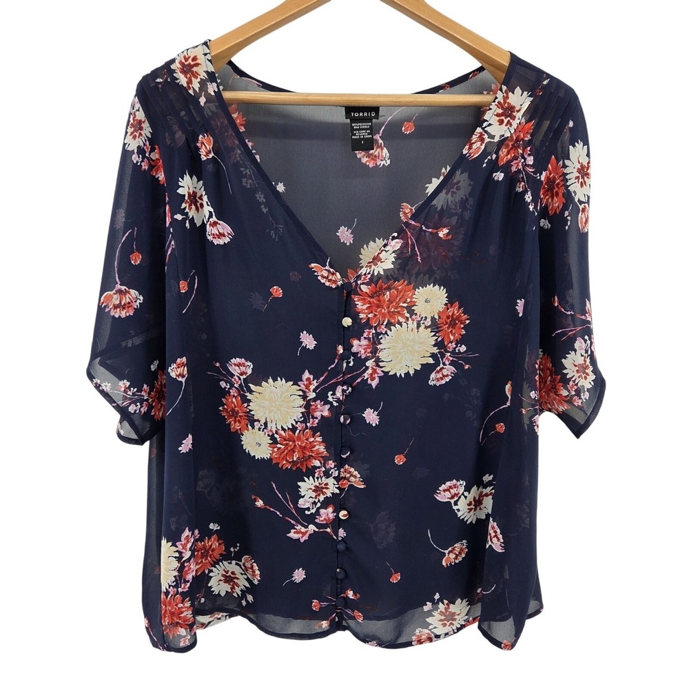 Torrid Floral Print Sheer Blouse Button Front‎ V-Neck Women's Size 1 Navy Blue
